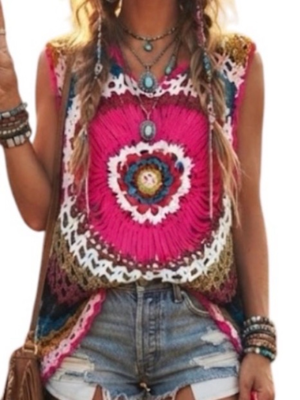 Pink Open Knit Crochet Hollow Out Cap Sleeve Top Boho Festival Cottagecore Small